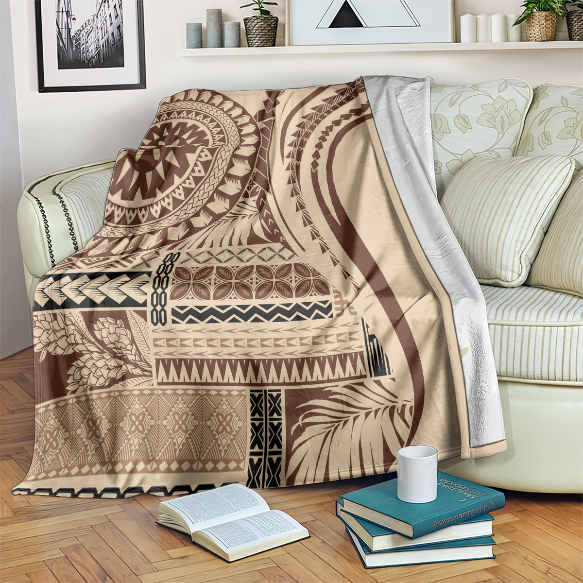 Brown and cream geometric art blanket with bold circular motif and zigzag borders
