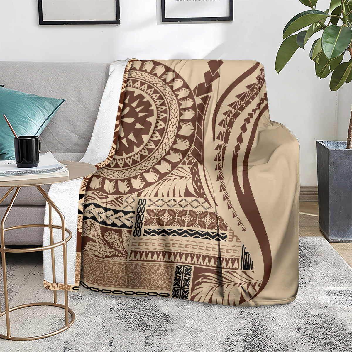 Brown and cream geometric art blanket draped over sofa, with circular and striped motifs