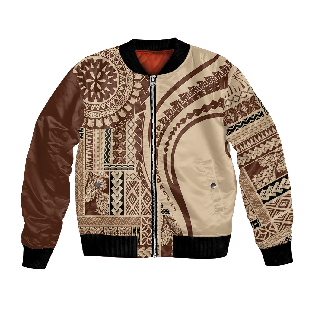 Brown bomber jacket with full-zip front, ribbed collar, and tribal patchwork print