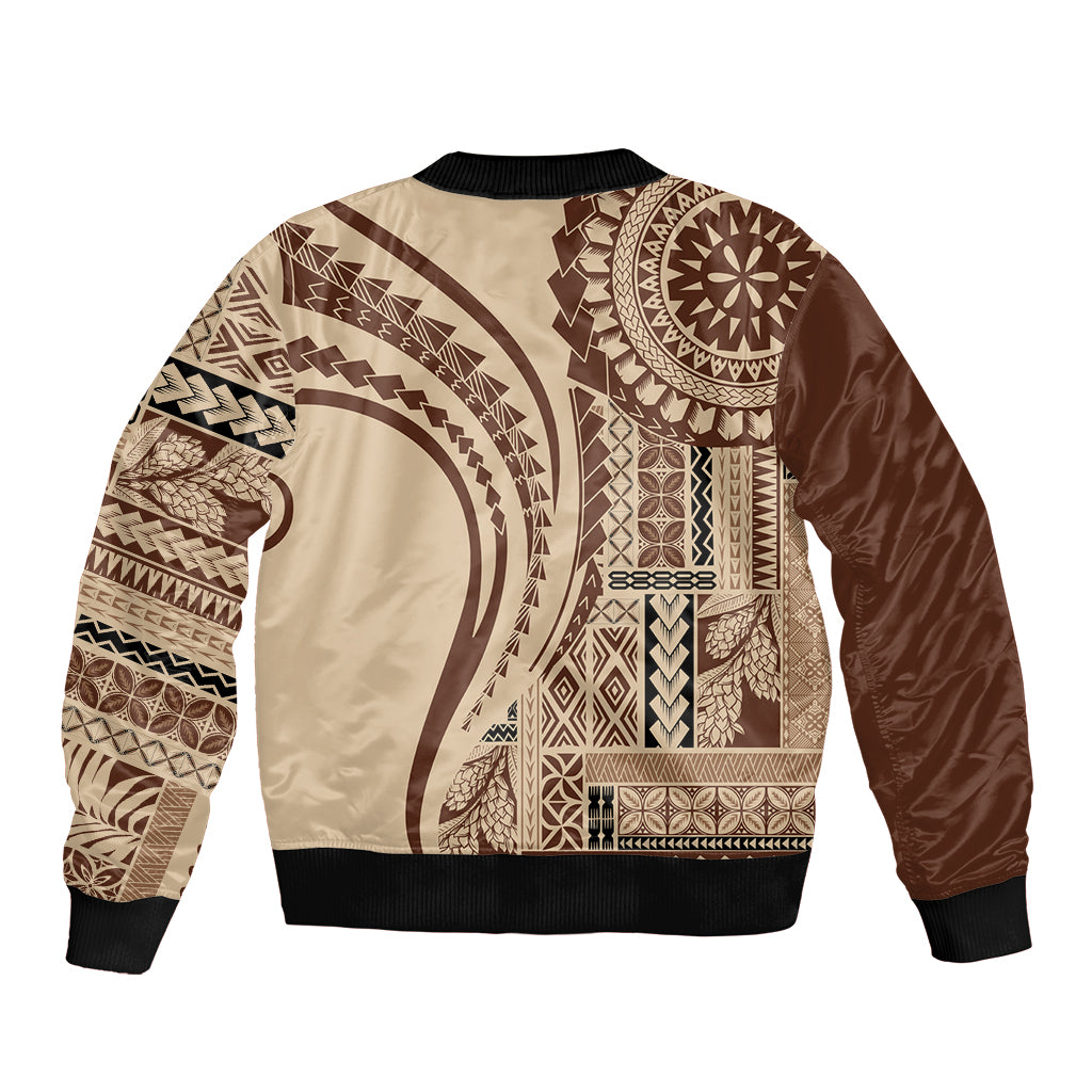 Bomber jacket in brown and cream with ribbed hem, zip front, large tribal graphic