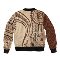 Bomber jacket in brown and cream with ribbed hem, zip front, large tribal graphic