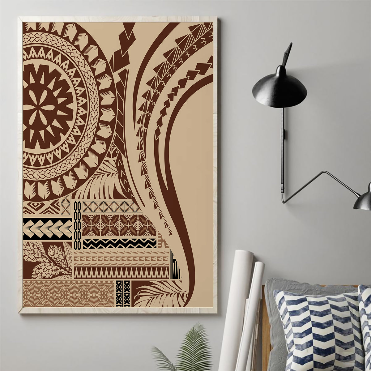 Brown geometric Samoan siapo style canvas wall art print on wall with off-white border