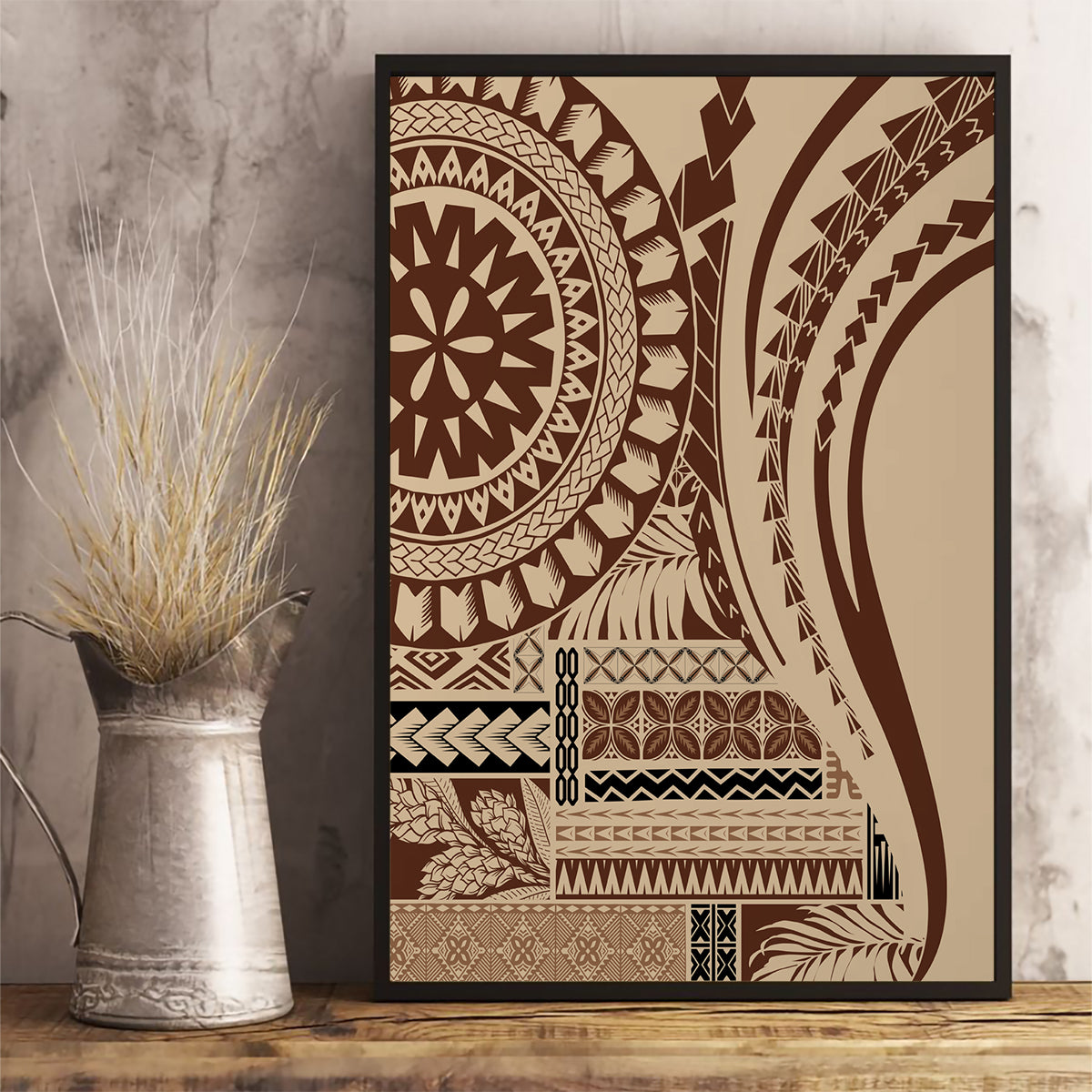 Brown geometric Samoan siapo style canvas wall art print in black frame