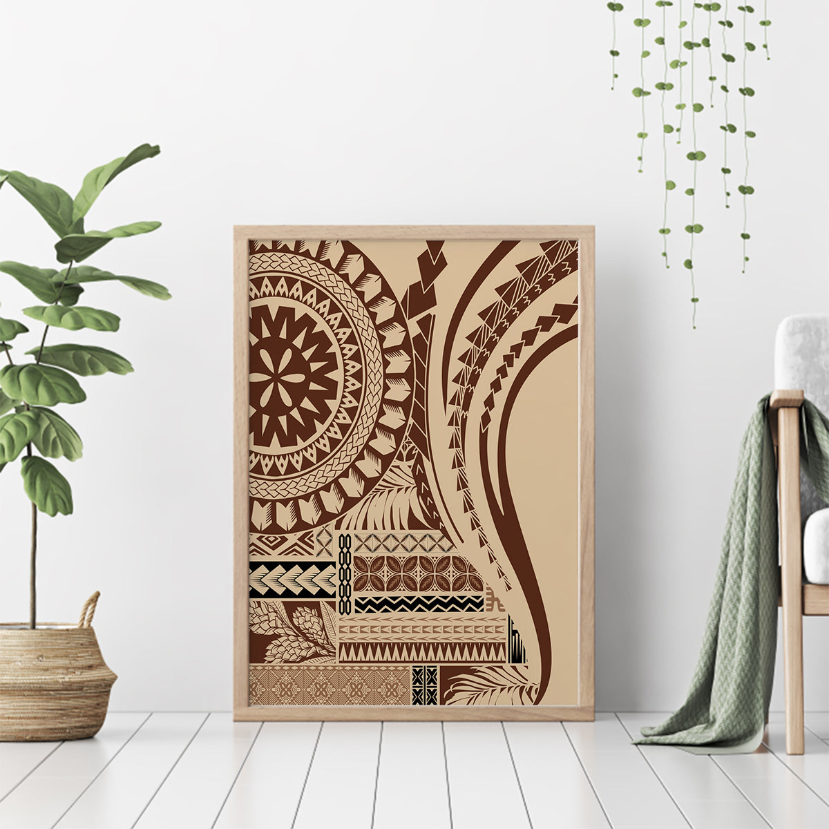 Brown geometric Samoan siapo style canvas wall art print in wooden frame, leaning