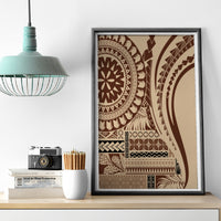Brown geometric Samoan siapo style canvas wall art print on shelf in black frame