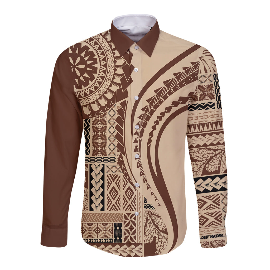 Brown long-sleeve button shirt with large geometric siapo-style print panels