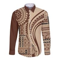 Brown long-sleeve button shirt with large geometric siapo-style print panels