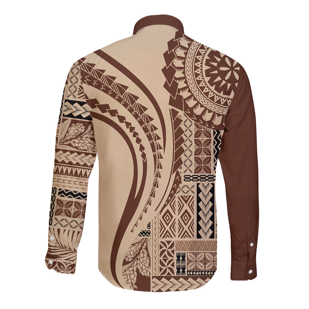 Brown long-sleeve button shirt, back view, geometric siapo-style patterns