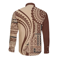 Brown long-sleeve button shirt, back view, geometric siapo-style patterns