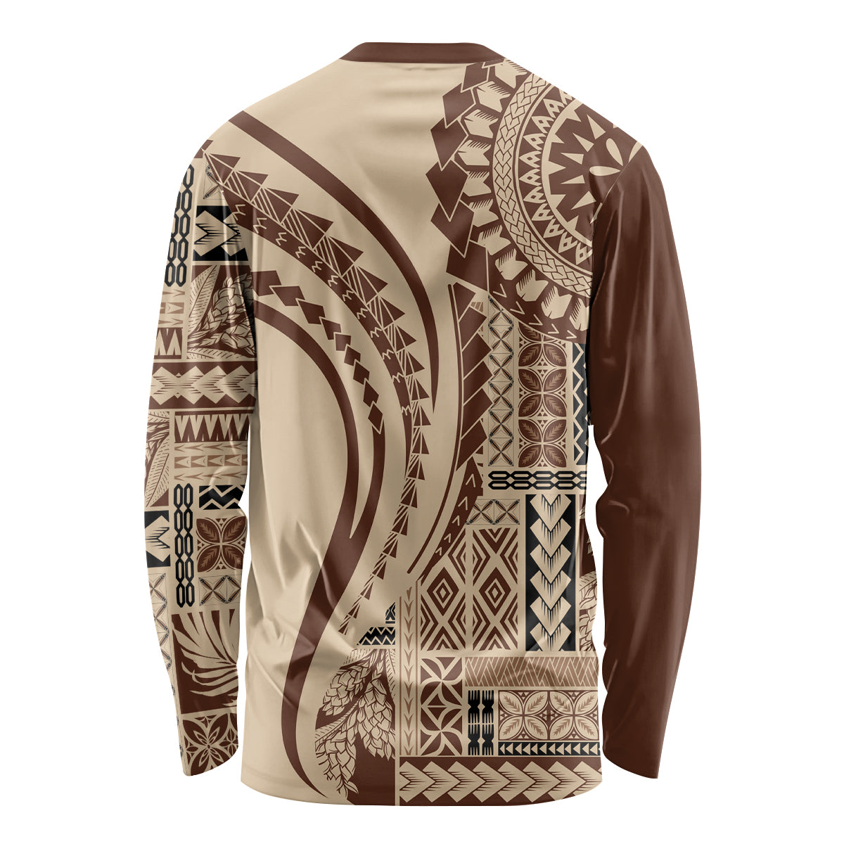 Unisex long-sleeve shirt with brown and cream tribal siapo print on back