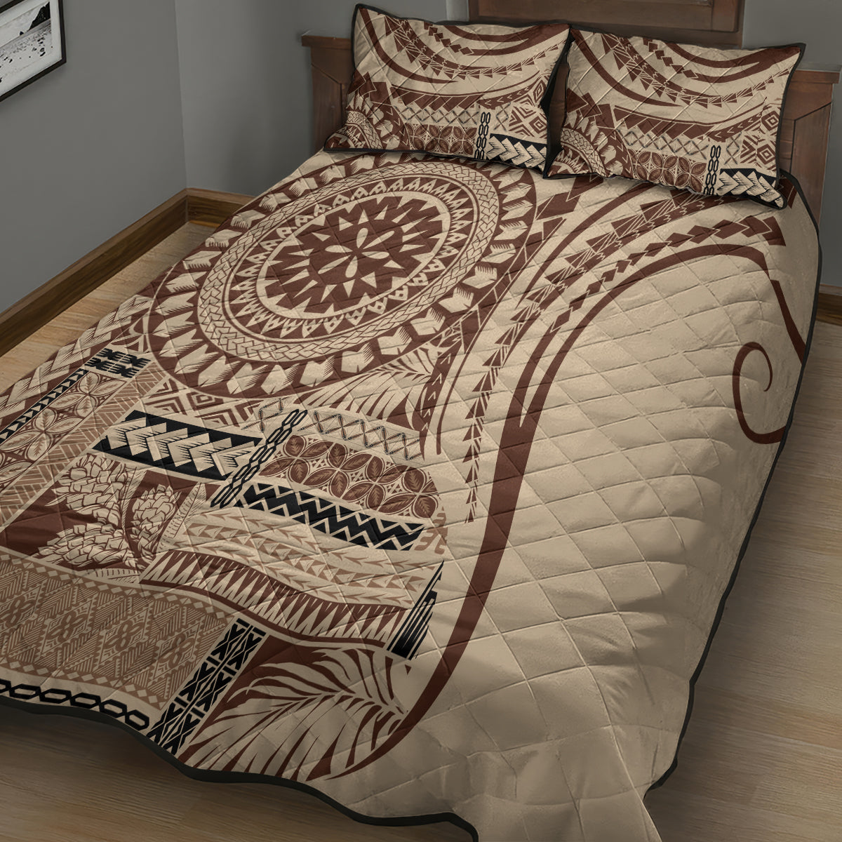 Brown siapo-style quilt bed set on bed with matching quilt and two pillowcases