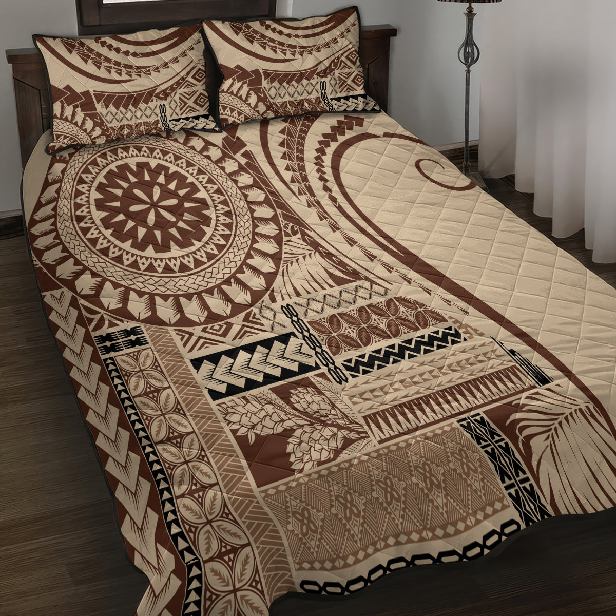 Brown siapo-style quilt bed set with quilted cover and two square pillowcases