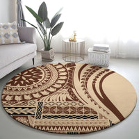 Round brown siapo-style carpet with circular medallion and layered geometric borders.