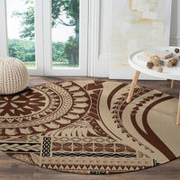 Brown round siapo-style carpet with sweeping arch motifs, tribal border, and medallion.