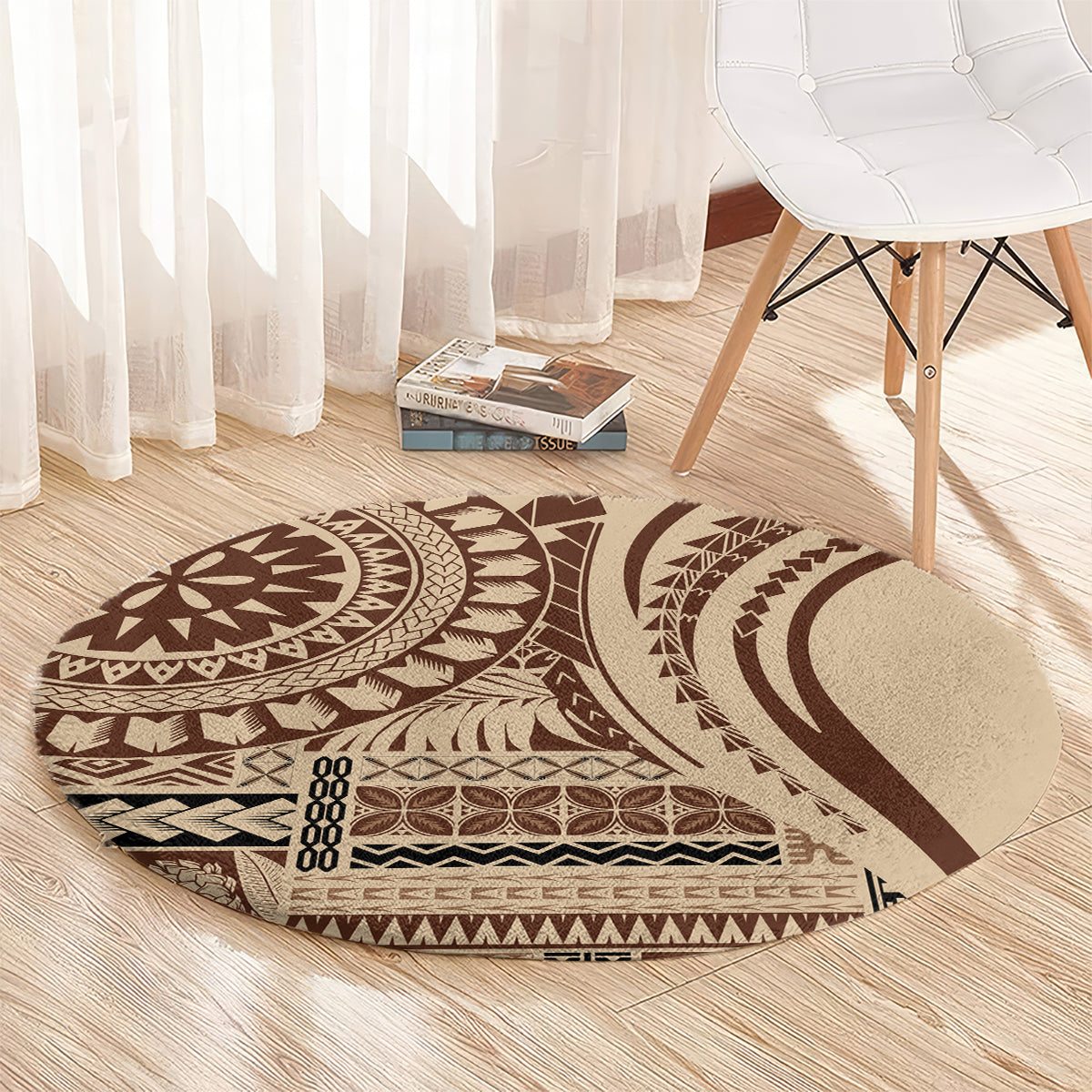 Brown round siapo-style carpet with geometric bands and central circular emblem.
