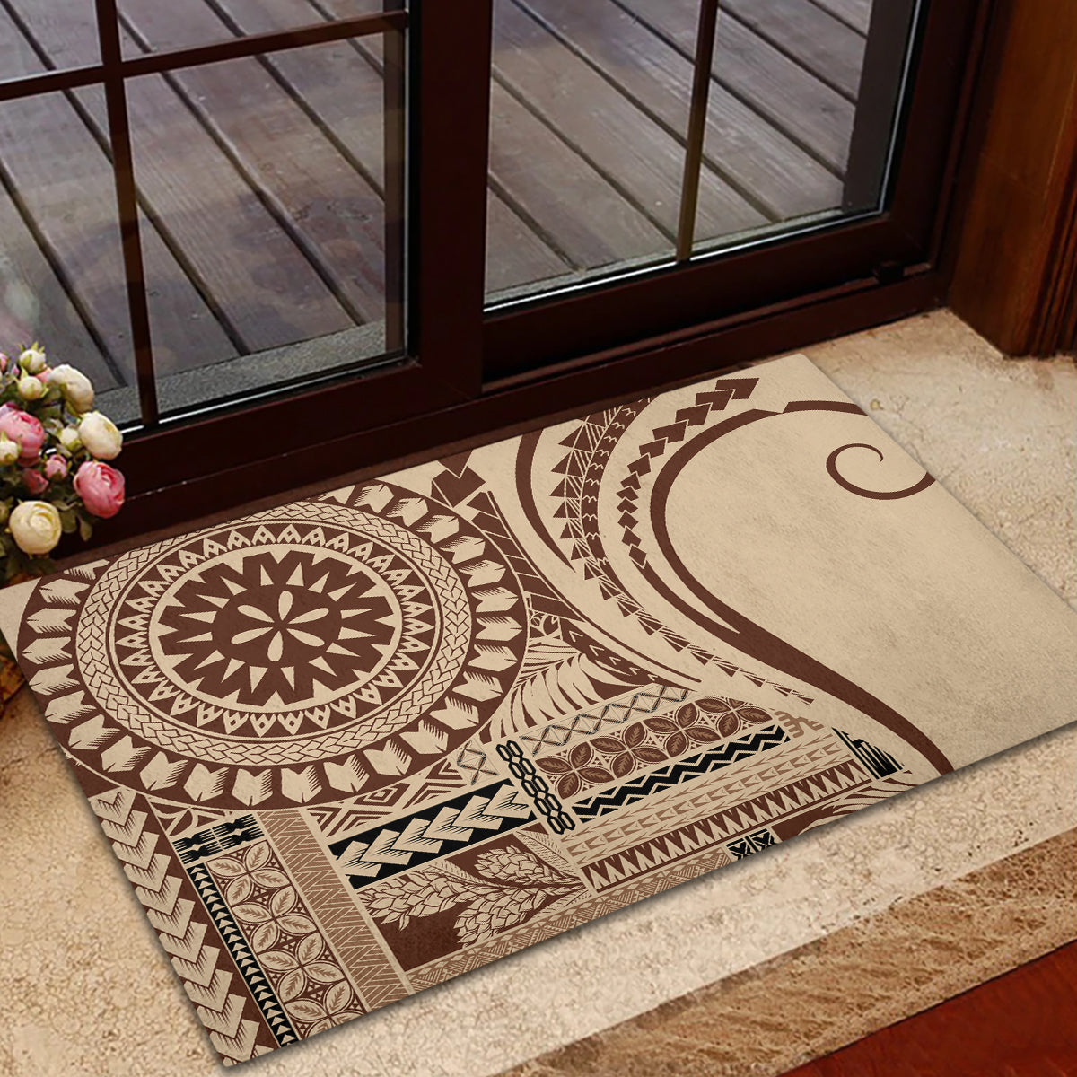 Brown and cream rubber doormat featuring geometric motifs and arch curve