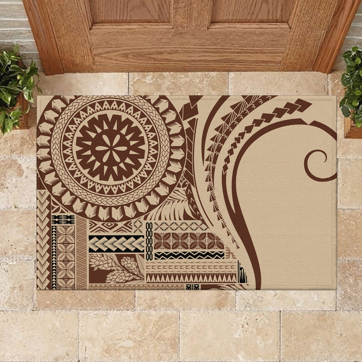 Rectangular brown and cream rubber doormat with large circular design