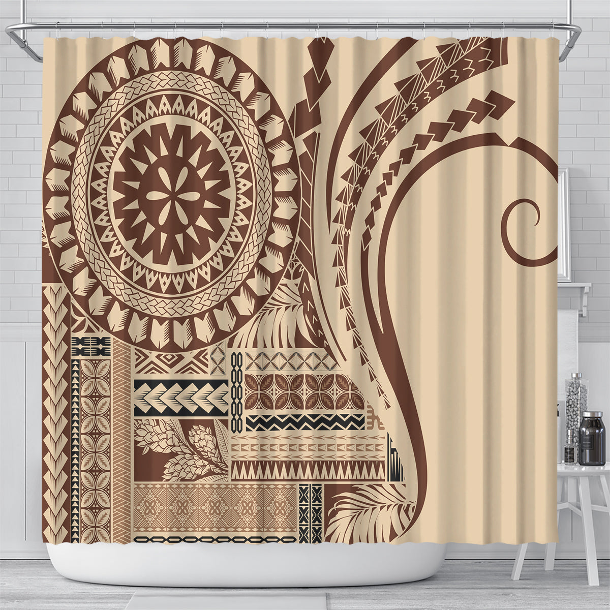 Beige shower curtain featuring brown tribal circle medallion and geometric pattern