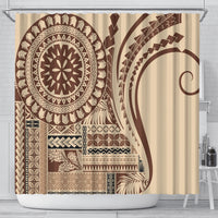 Beige shower curtain featuring brown tribal circle medallion and geometric pattern