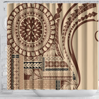 Beige and brown shower curtain with bold tribal mandala circle and curved arch