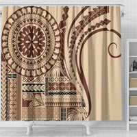 Beige shower curtain with brown geometric and floral tribal designs, partial view