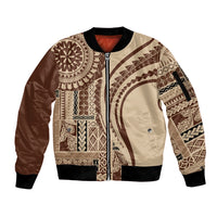 Brown bomber jacket with front zip and traditional siapo-inspired patchwork print