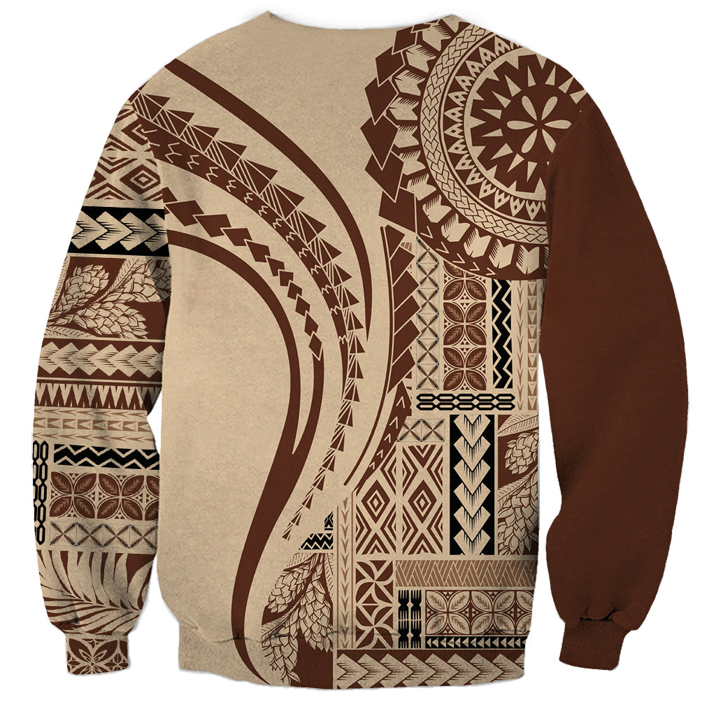 Unisex crewneck sweatshirt with large circular Polynesian print on back, brown sleeves