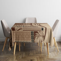 Brown and tan siapo-style tablecloth with geometric border and palm motif, square
