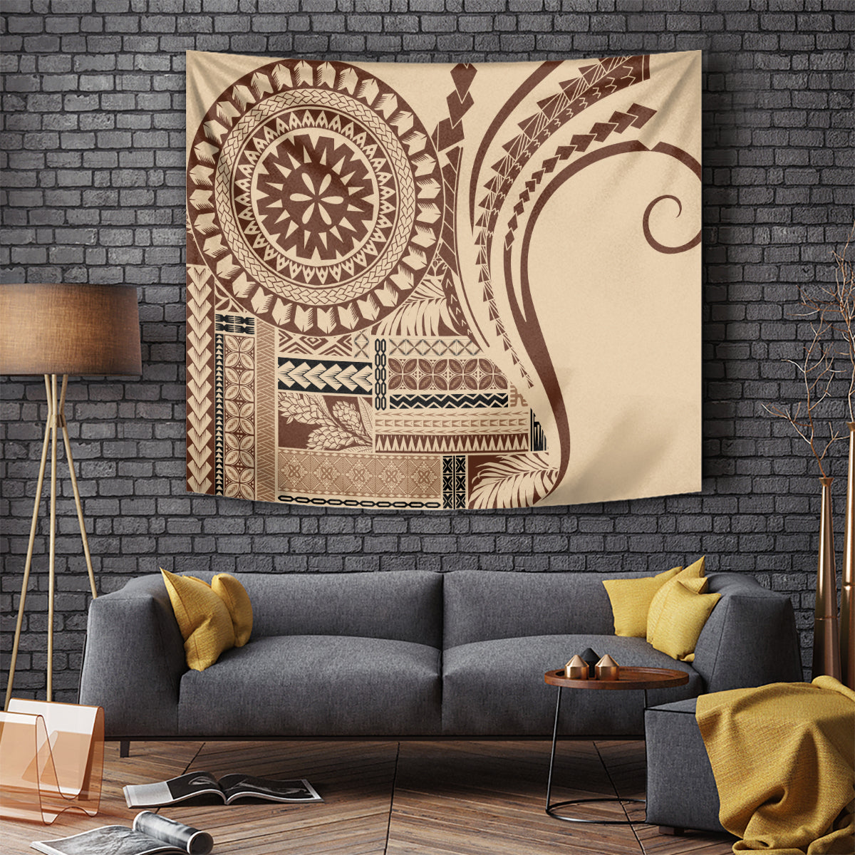 Brown patterned siapo-style tapestry with large circular motif and geometric border