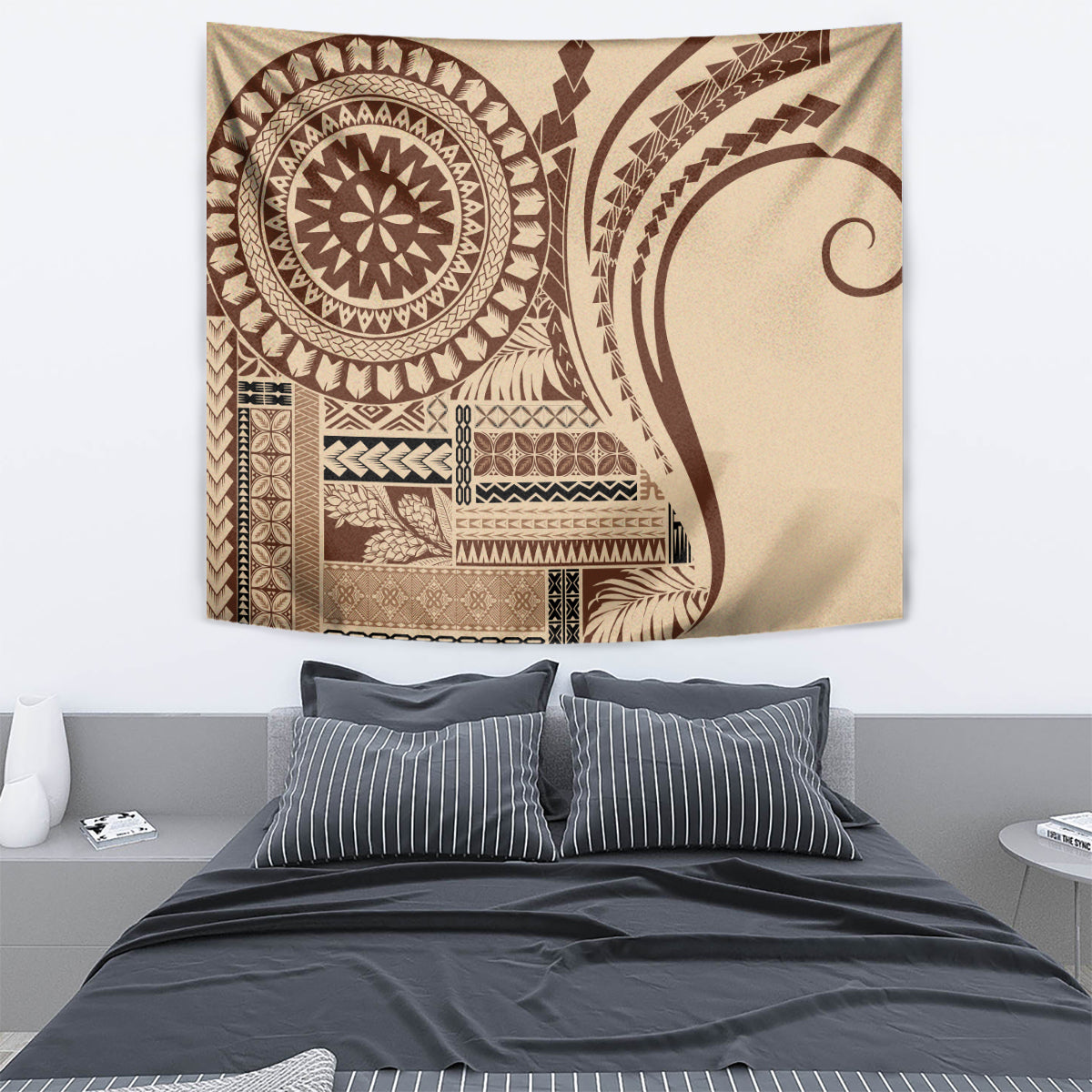 Brown siapo-style tapestry wall hanging with round mandala and striped geometric bands