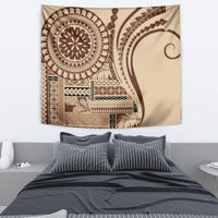 Brown siapo-style tapestry wall hanging with round mandala and striped geometric bands