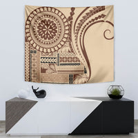 Brown geometric tapestry wall hanging with circular medallion and curved crescent motif