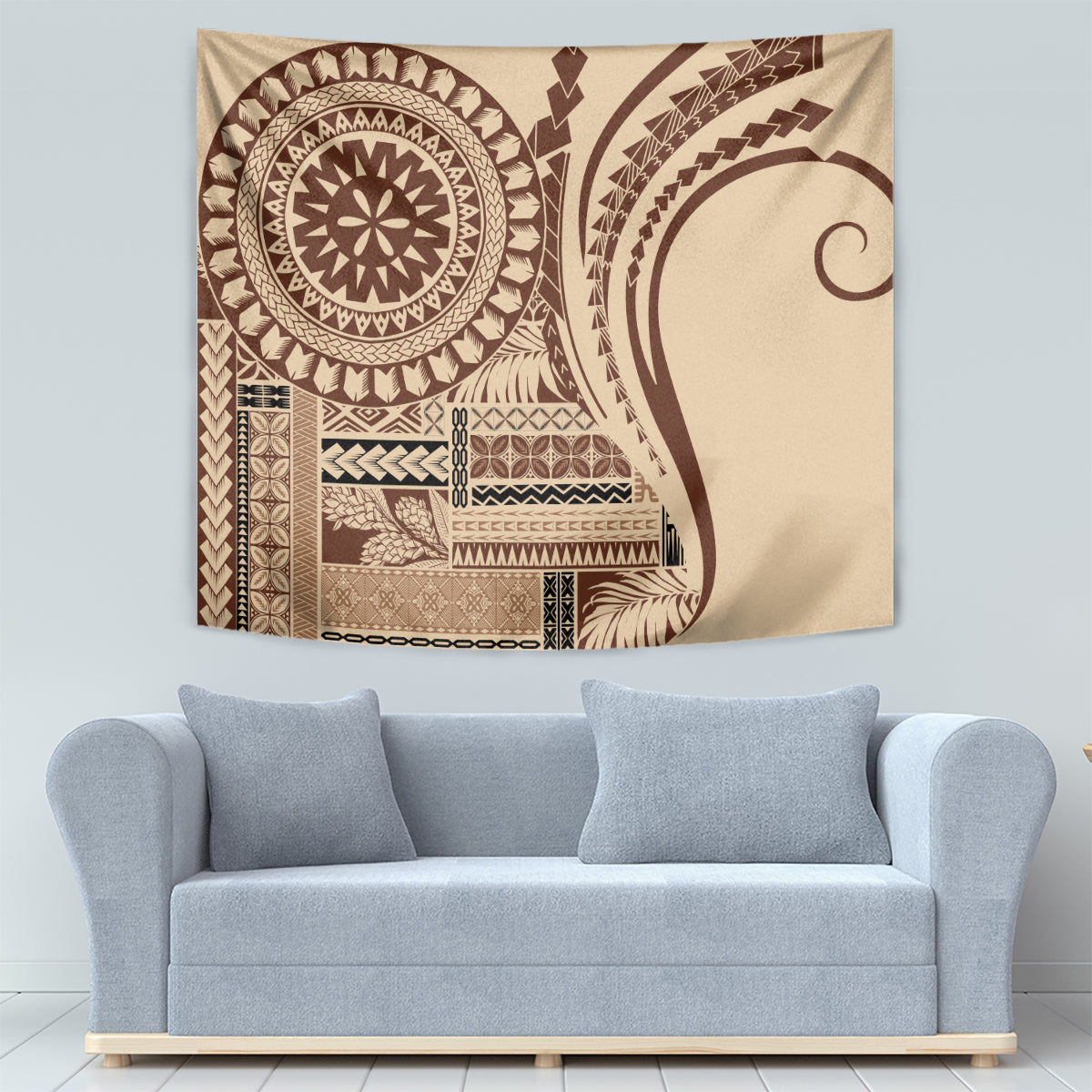Brown siapo-style tapestry with circular emblem and detailed woven-style patterns