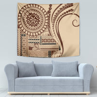 Brown siapo-style tapestry with circular emblem and detailed woven-style patterns