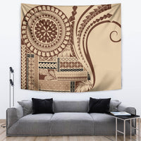 Brown patterned tapestry wall hanging with mandala, stripes, and curved crescent detail