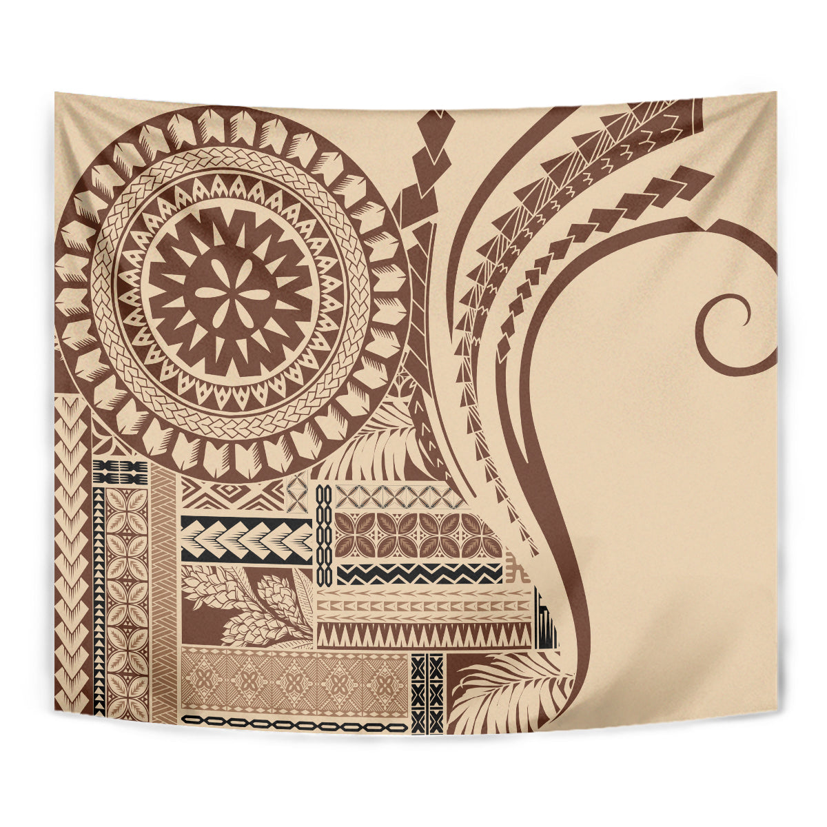 Brown siapo-style tapestry wall hanging, close view of mandala and geometric motifs