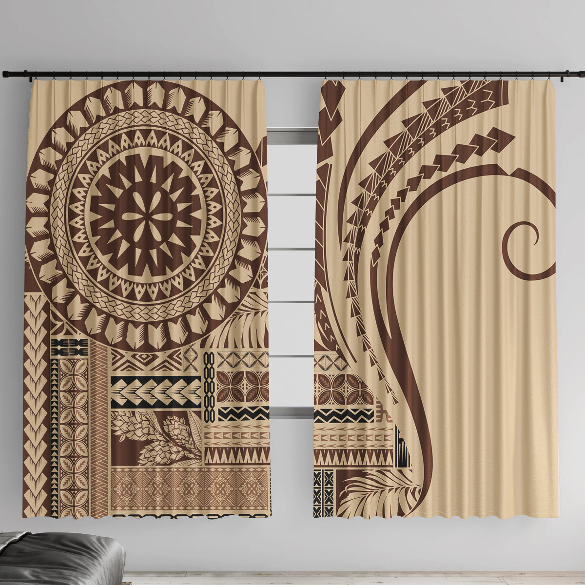 Window curtain pair with brown geometric tribal medallion and arch pattern on beige