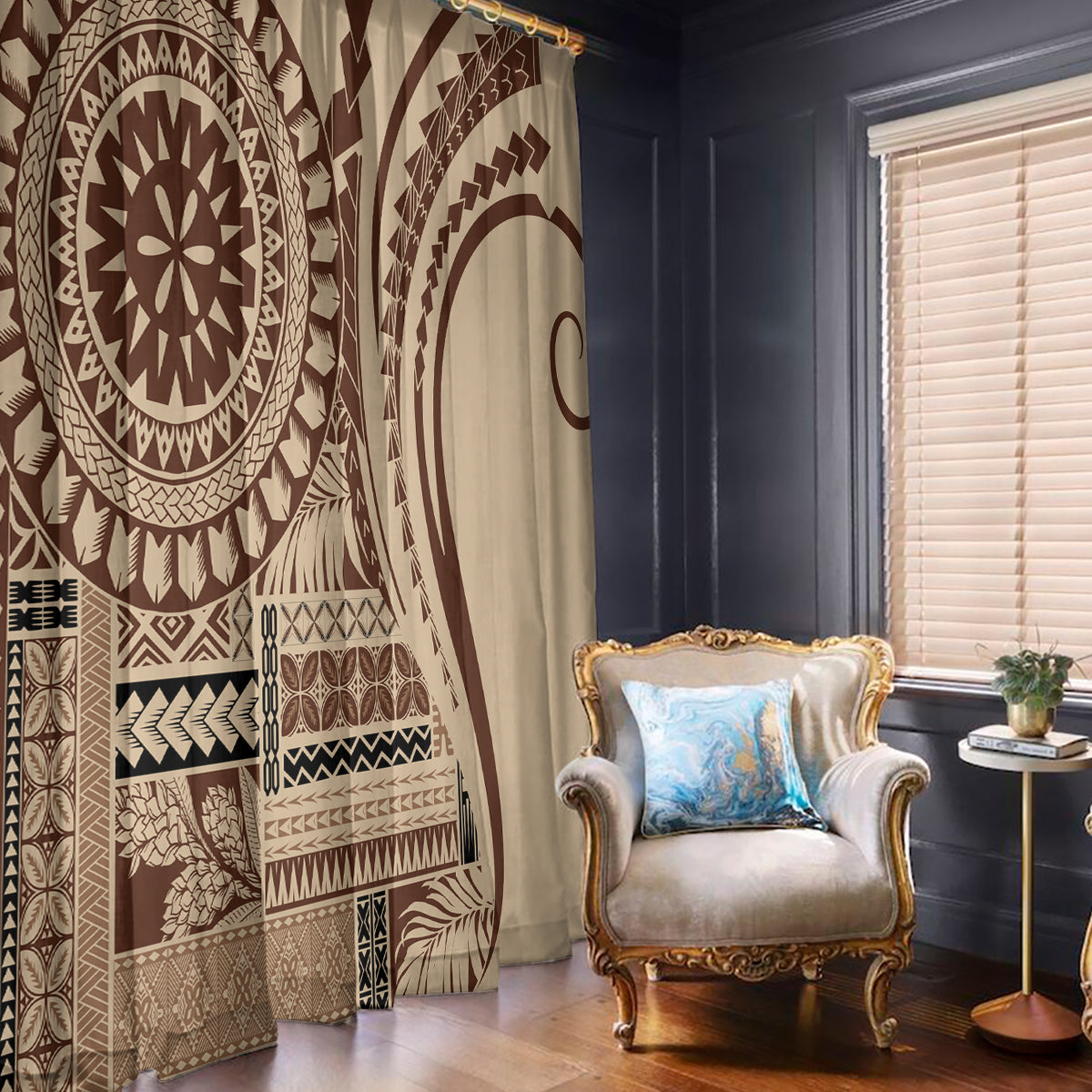 Brown and beige tribal pattern window curtains, arched motif and medallion design