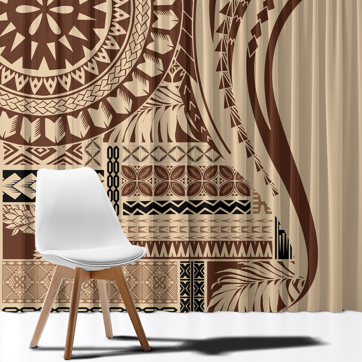 Beige curtain with brown tribal band pattern and large arch panel; fabric drape