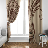 Brown-and-beige window curtains with large circular medallion and arch detail