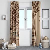 Printed window curtain panels in brown and beige with geometric motifs
