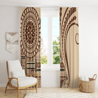 Two window curtains in brown and beige with medallion print and matching arch panel