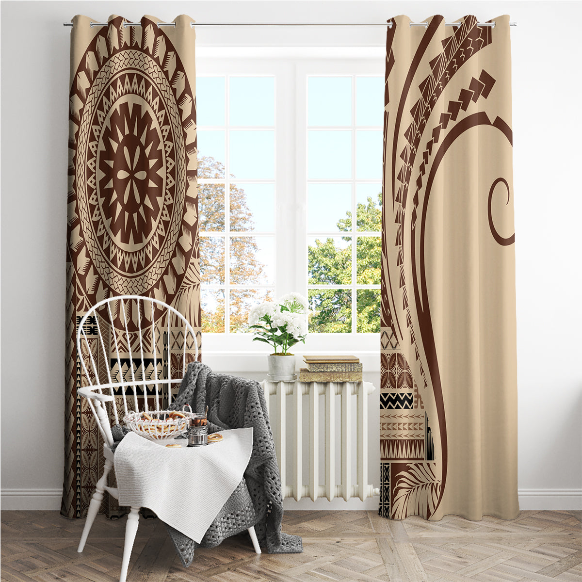 Brown tribal window curtain panels with medallion and arch motifs on a rod
