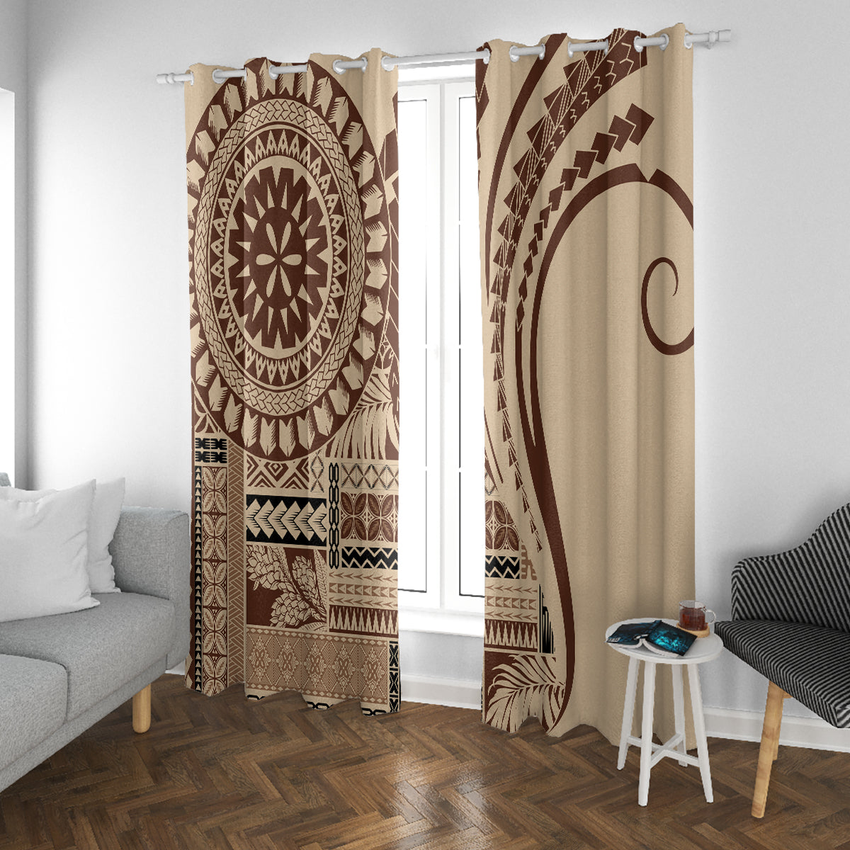 Window curtain pair with brown medallion left panel and arch motif right panel