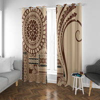 Window curtain pair with brown medallion left panel and arch motif right panel