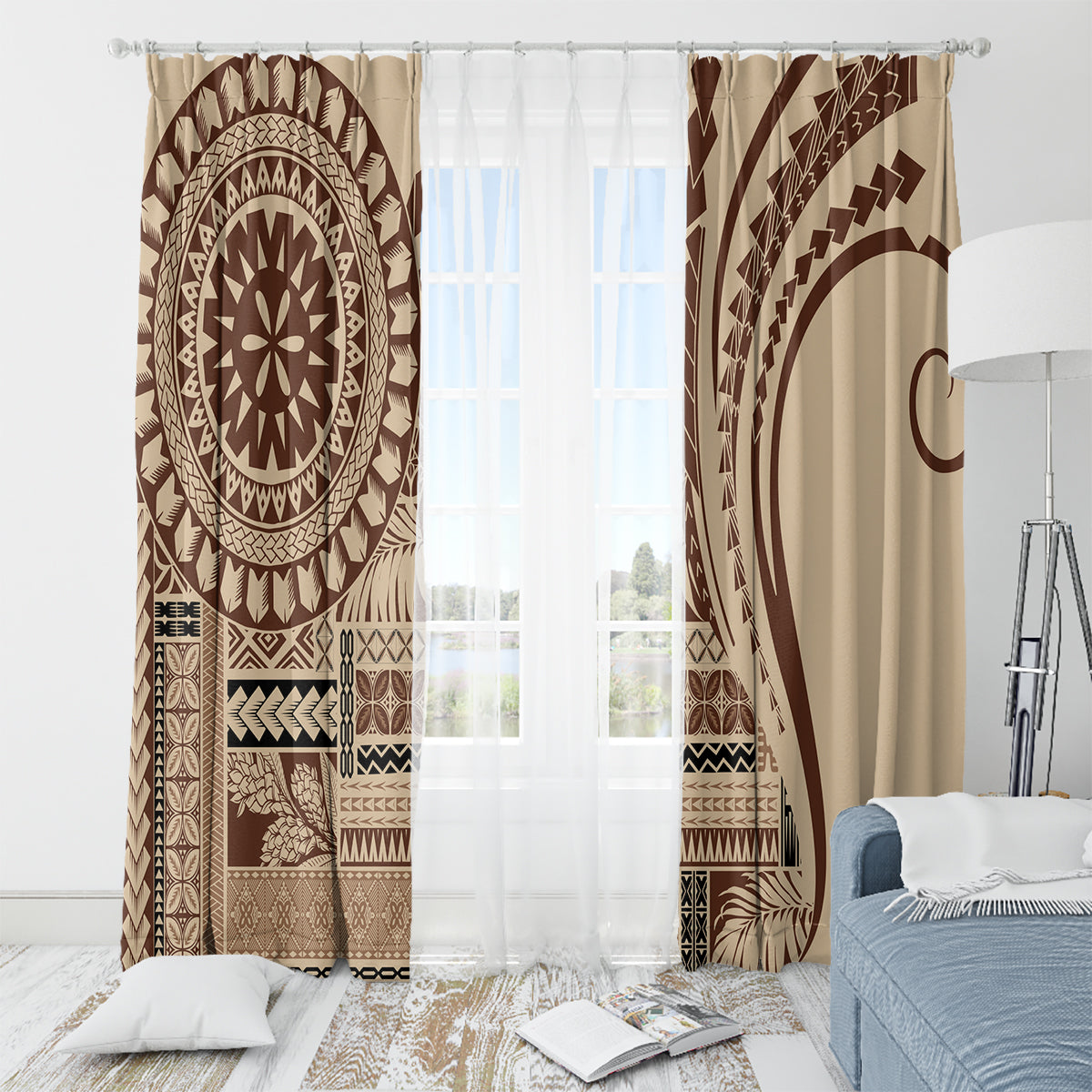 Brown and beige window curtains with tribal medallion, arch design, and sheer center
