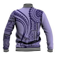 Purple baseball jacket back view with tribal geometric print, snap buttons, striped rib hem