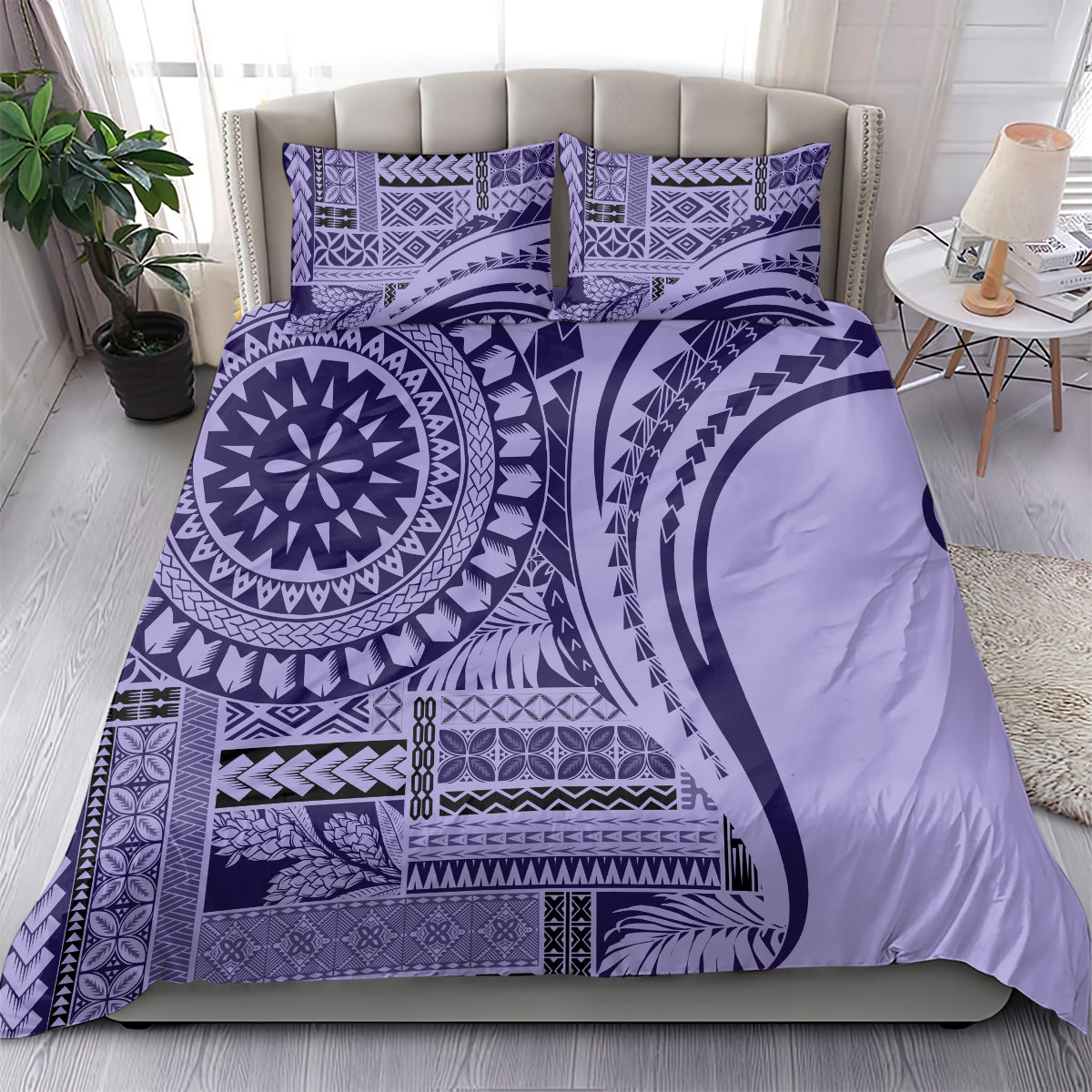 Purple geometric bedding set with large circular motif and matching pillowcases