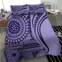 Purple bedding set with bold circular and arcing patterns, includes two matching pillows