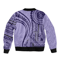 Unisex purple bomber jacket with ribbed hem, black cuffs, and bold geometric back print